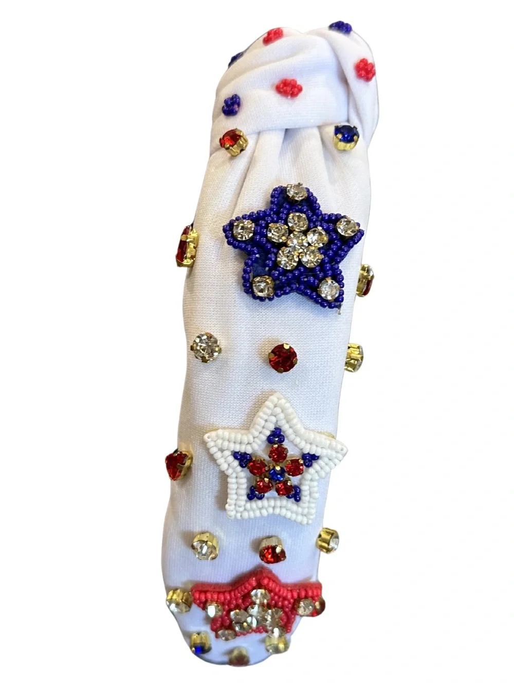 Patriotic Beaded Knot Headbands Set of Two Red White Blue Gold USA America Stars